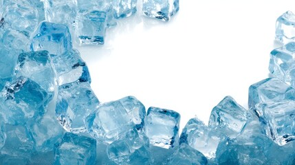 Obraz premium Elegant border of transparent ice cubes with frosty highlights on a bright background, frameless design with ample space for text or branding