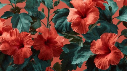 Brightly colored hibiscus flowers with lush green leaves arranged symmetrically over a warm orange background, creating an eyecatching tropical pattern with ample space for text or design