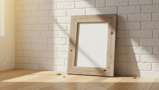 Blank wooden frame leaning against bright white brick wall
