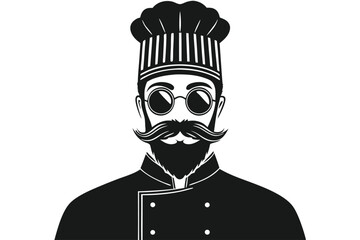 Monochromatic depicts a bearded chef wearing round spectacles and a tall hat