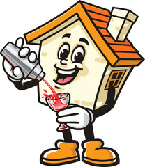 Cartoon house mascot making a cocktail