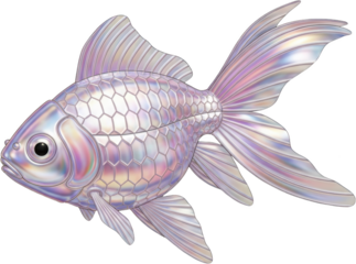 A shimmering pearlescent ornamental fish with delicate fins and a textured hexagonal scale pattern shown in profile on a transparent background Iridescent Hexagonal scales