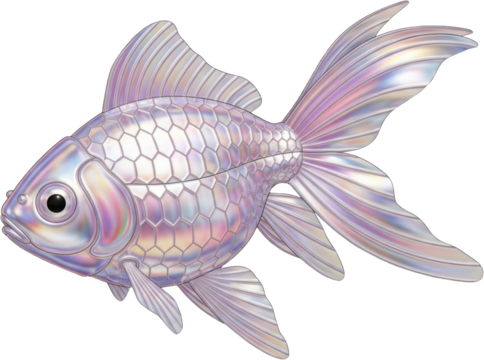 A shimmering pearlescent ornamental fish with delicate fins and a textured hexagonal scale pattern shown in profile on a transparent background Iridescent Hexagonal scales