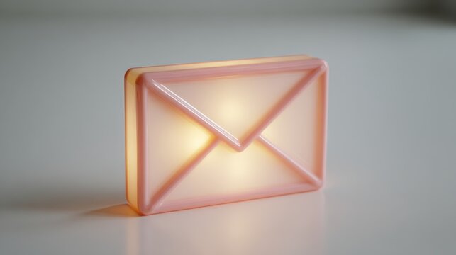 Centered neon email icon with glowing soft magenta and peach gradient on a clean white background, rounded edges, minimalistic design with space on right for text or branding