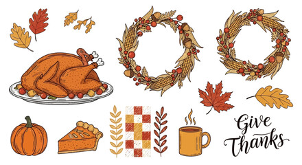 Rustic Thanksgiving Dinner Vector Collection - Turkey Pie & Harvest Line Art Elements