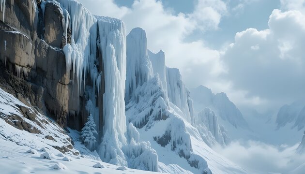 a majestic winter cliffside with icicles hanging and powdery snow drifting in the wind 