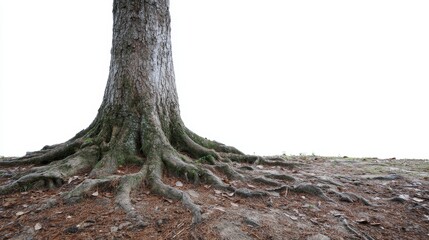 Fototapeta premium Majestic tree with sprawling roots, textured bark, and natural earthy tones on a white background for environmental and nature themes