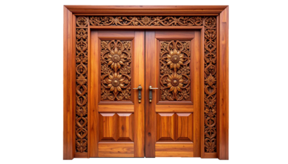 Symmetrical Wood Carved Entrance Door with Detailed Botanical Motifs
