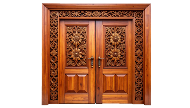 Symmetrical Wood Carved Entrance Door with Detailed Botanical Motifs