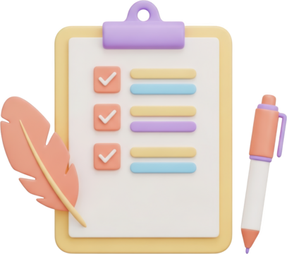 A pastel colored 3D illustration depicts a clipboard with a checklist a feather quill and a pen symbolizing tasks and writing todo list organized planning done completed verified