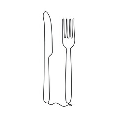 Knife and fork continuous single line outline vector art drawing and simple one line design, 
Elegant continuous one line drawing vector illustration of a plate fork and knife.