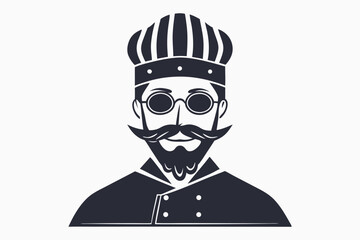 Minimalist shows bearded man in chef hat and glasses with dark monochrome palette