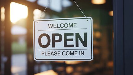 Welcome open please come in sign hanging on glass door