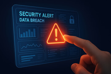 Hand pointing at a glowing red warning triangle on a digital interface displaying &ldquo;Security Alert: Data Breach,&rdquo; representing cybersecurity threats and data protection issues