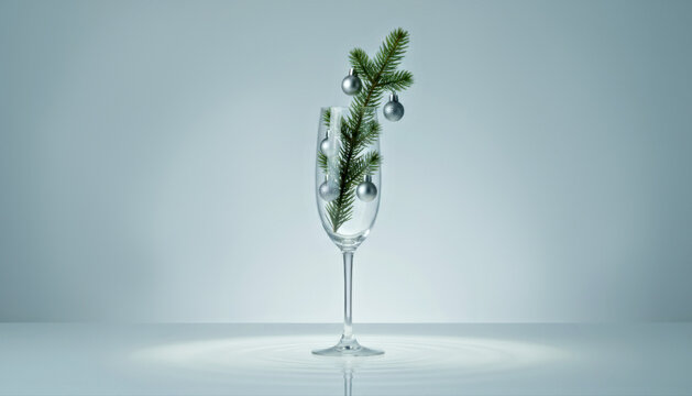 Elegant Glass with Pine Branch and Silver Ornaments. Minimalist Christmas Decoration.Christmas and New Year concept
