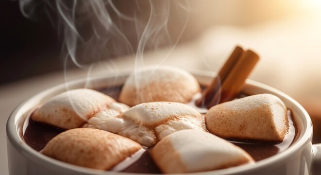 Steaming hot chocolate with marshmallows and cinnamon sticks on top.