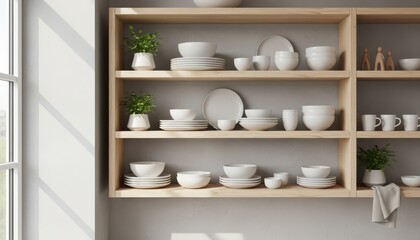 Fototapeta premium White ceramic dishes on modern wooden shelves