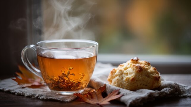 Warm herbal tea in a clear glass mug steaming beside a golden scone on a linen napkin amid autumn leaves capturing a cozy breakfast scene with natural light and tranquil ambiance