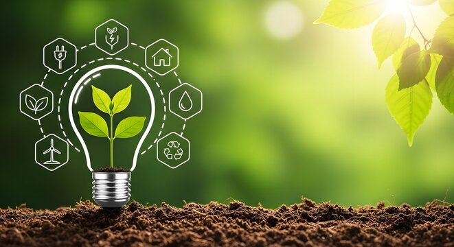 Vibrant green plant growing inside lightbulb represents sustainable energy solutions for a brighter future and cleaner environment - Powered by Adobe