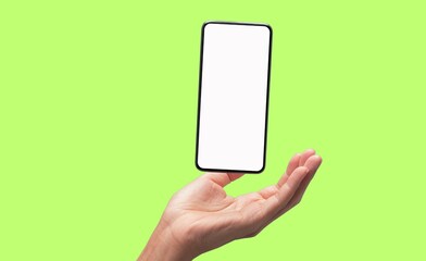 Elevated Technology Mobile Phone Balancing on Palm Against a Lime Green Backdrop