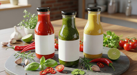 Three Vibrant Sauce Bottles (Red, Green, Yellow) with Blank Labels on a Slate Platter, Surrounded by Fresh Ingredients in a Modern Kitchen Setting