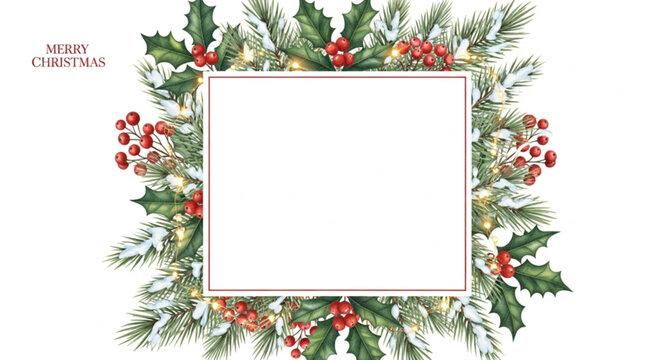 Christmas frame with fir branches and red berries isolated on white background