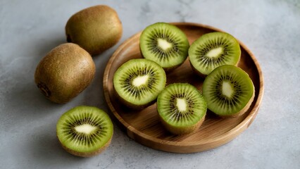 High-Angle Close-up of Sliced and Whole Kiwis on a Wooden Plate and Gray Stone Surface