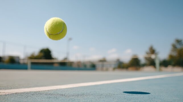 Closeup of a tennis ball in midair with dynamic perspective on a blue court background capturing energy and motion with copy space on the right