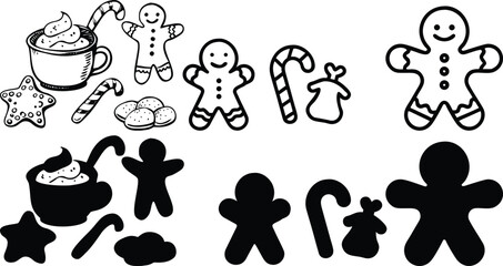 A collection of vector icons and symbol set for web design with a cartoon style illustration of people and animal silhouette