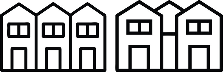 Black and white vector illustration of a residential house silhouette with a fence icon for real estate business design