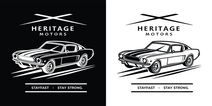 Vintage heritage motors logo featuring a classic car silhouette and the slogan stay fast stay strong on a black and white background