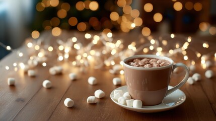 Cozy winter scene featuring a warm cocoa drink with marshmallows on a wooden table illuminated by twinkling fairy lights with a bright copy space on the right