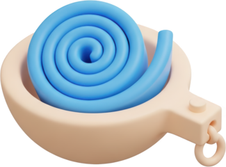 A blue coiled tube resting inside a light brown dish shaped object with a ring attachment rendered in a 3D abstract graphic style container circular round abstract art modern