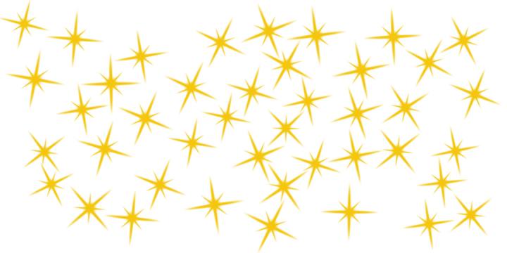 Abstract golden starbursts scattered on a black background isolated on transparent background