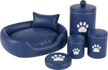 A navy blue pet bed with a cushion sits beside three navy blue pet treat canisters and a matching small round mat all adorned with white paw prints Dog Cat Canine Feline Animal