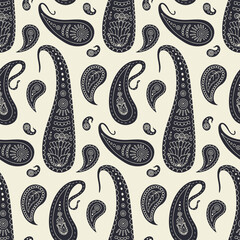 Hand drawn black and cream intricate Paisley silhouette seamless pattern on bright background