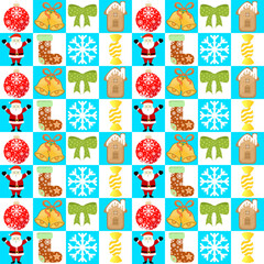 Obraz premium Cute christmas seamless pattern with santa claus, snowflake, and gingerbread house. Holiday cartoon background for wrapping paper, textile, greeting cards, and festive decoration vector illustration.