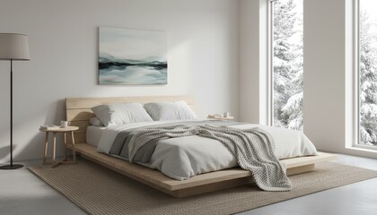 Clean Nordic bedroom with low wooden bed frame and art