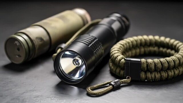 Flashlight with survival kit and paracord on dark.