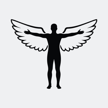 Silhouette of winged man spreading arms vector illustration