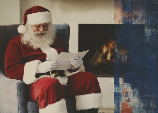 Santa Claus reading holiday letters in a cozy chair by the fireplace