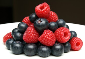 A vibrant pile of fresh raspberries and blueberries on a white surface, healthy berries for smoothies, juices