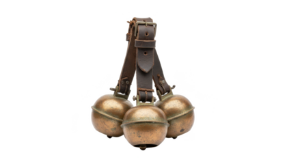 Antique Cowbells With Leather Strap on White Background