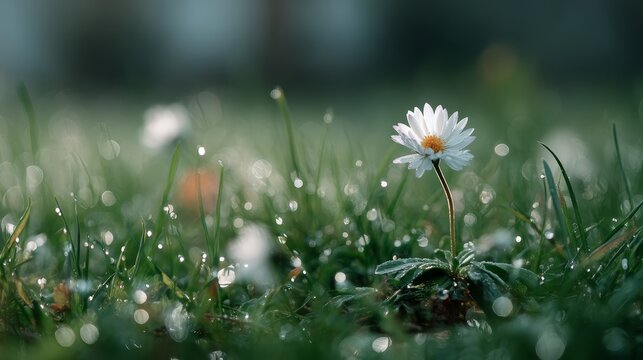Closeup of white daisy blooming amidst dewkissed green foliage bathed in warm morning light with space for copy