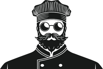 of a bearded chef with a mustache and glasses is wearing his toque