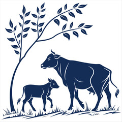 cow with her calf silhouette design vector art illustration