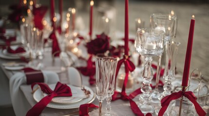 Elegant candlelit dinner table with red roses and crystal glassware