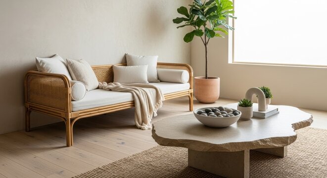 Modern organic interior with rattan daybed and stone slab coffee table
