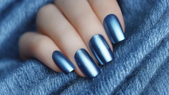 A well-manicured hand with shiny metallic blue fingernails nestled in a soft blue knitted garment