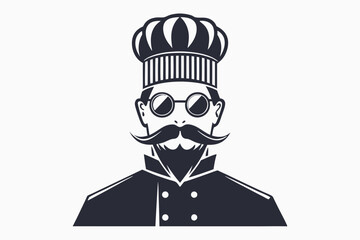 Isolated chef with a prominent mustache is wearing round glasses and hat